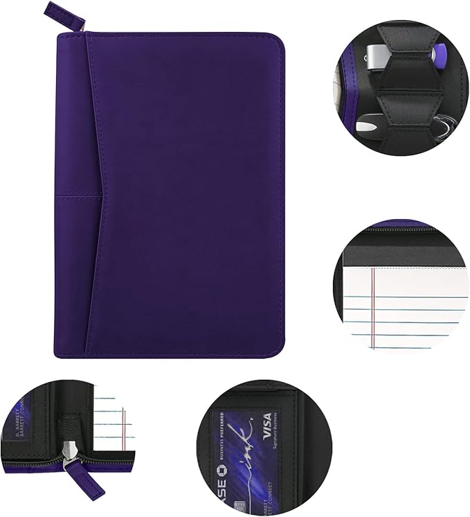 Junior Padfolio Portfolio with 5 x 8 Writing Pad, A5 Business Portfolio Binder Folder Organizer Multi-Function Combination Case for Men Women, Dark Purple