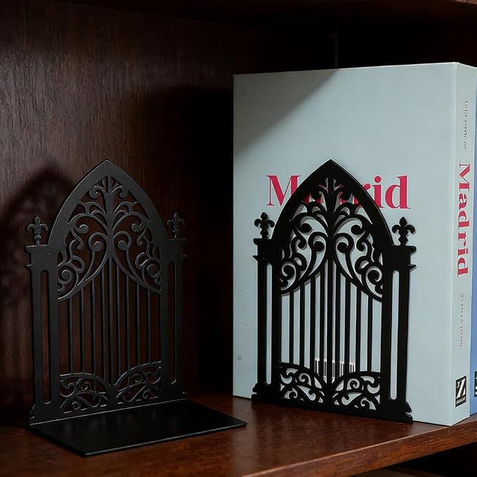 Book Ends, Bookends, Book Ends for Shelves, 2Pair Non Skid Metal Book Divider Decorative Holder, Abstract Art Desgin Book Stopper Supports for Office, Home (Gothic Gate B)