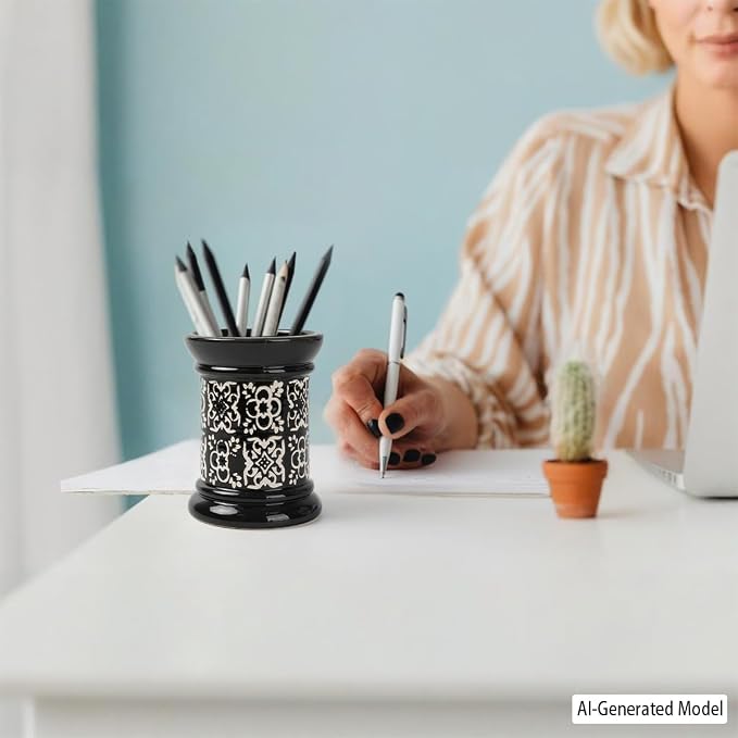 Printed Pencil Holder, Cute Pen Holder for Desk, Ceramic Carved Cylinder Pencil Holder, Office Decoration Container Islamic Style(Black)