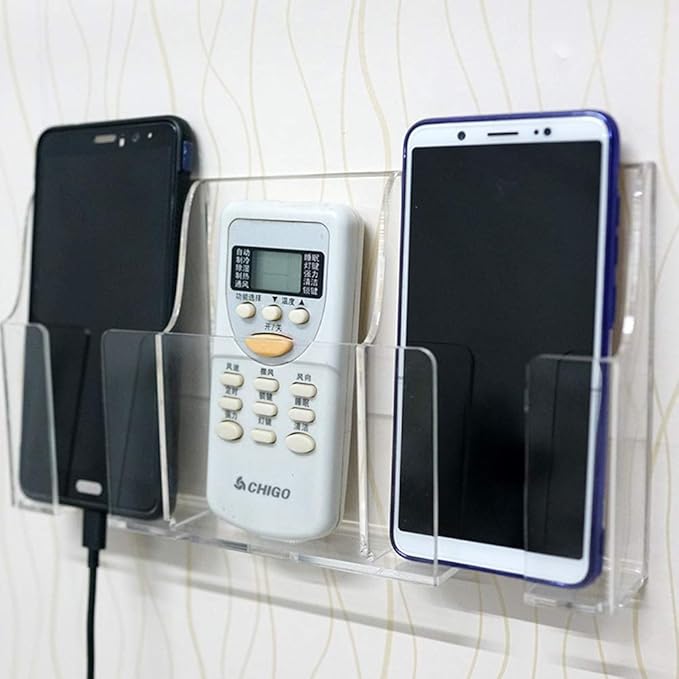 Media Organizer Storage Box Acrylic Transparent Wall Mount Mobile Phone Holder Remote Control (Three Grid)