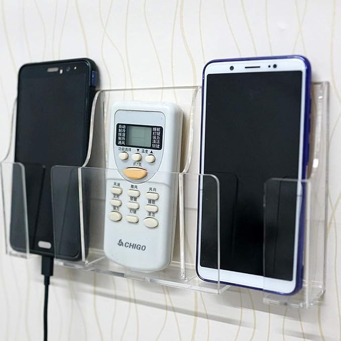 Media Organizer Storage Box Acrylic Transparent Wall Mount Mobile Phone Holder Remote Control (Three Grid)