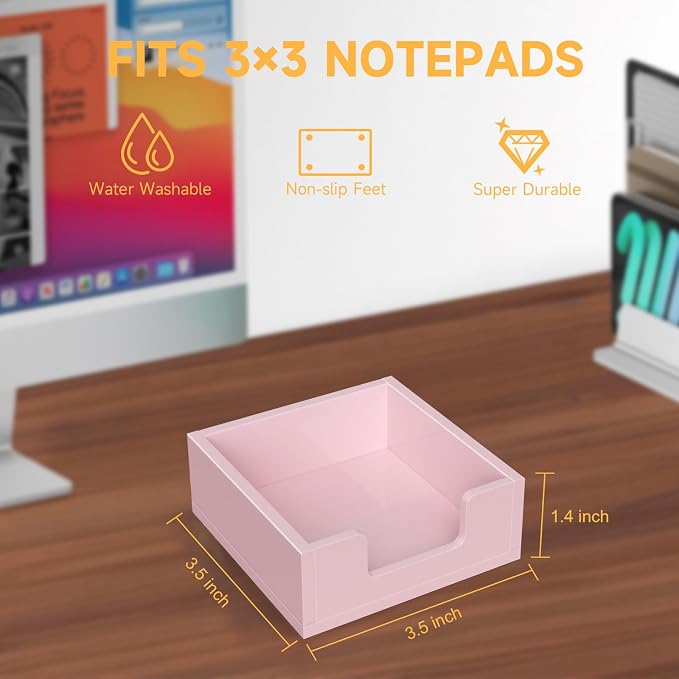 Acrylic Notepad Dispenser Organizer - 3 x 3 in Pink Sticky Note Holder W/O Pads Memo Holder for Dorm Room School Classroom Office Desk Organizer Aesthetic Supplies