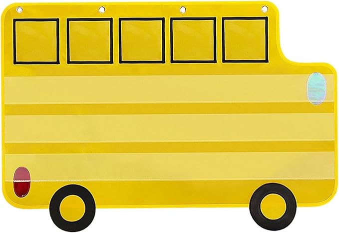Pocket Chart for Classroom, 33 ⅞ " x 22" Large School Bus Shaped Pocket Charts for Kids, Back to School Supplies, Classroom Decor Hanging Pocket Charts with 8 Sentence Strips Holder (Yellow)