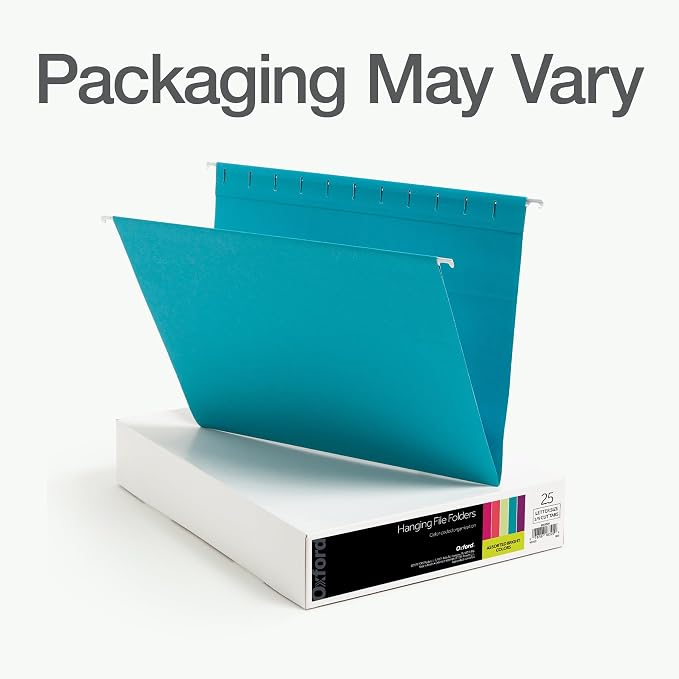 Oxford Hanging File Folders, 25 Pack, Letter Size (8.5" x 11"), 5 Bright Colors, 5 Tab Positions, Includes Tabs and Inserts, Hanging Files for Office and Document Organization