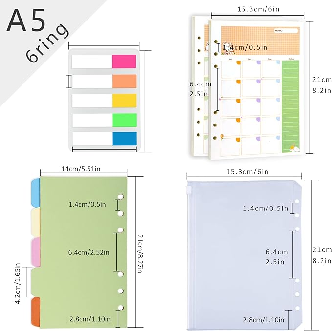 Rancco A5 Planner Inserts Monthly Planner Refills, 90 Pages Colorful 6-Ring Loose-leaf Monthly Binder Paper w/Divider, PVC Pouch, Ruler, Index Tab for Journal, Filofax, Double-sided, Undated,8.3x5.6"