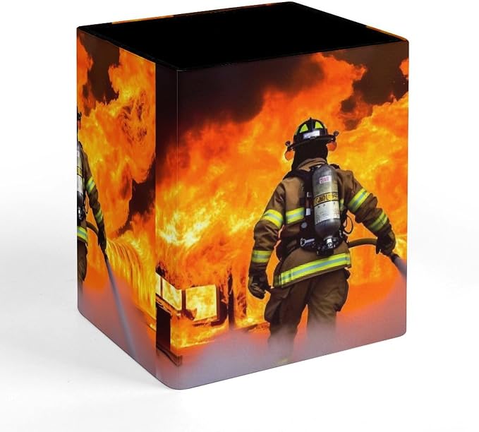Firefighter Fireman Flame Pencil Holder Waterproof PU Pen Cup Holders Women Makeup Brush Holder Desktop Pen Organizer for Office Desk Accessories