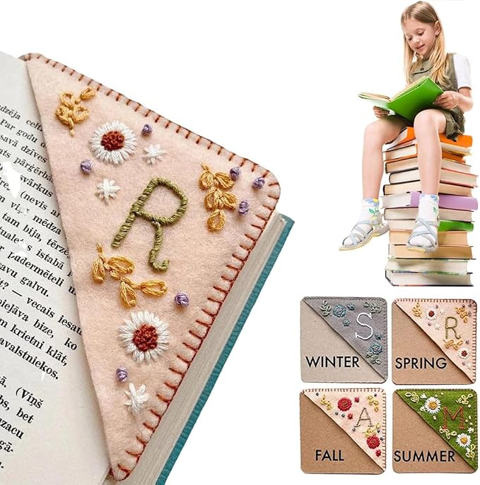 Personalized Hand Embroidered Corner Bookmark, 26 Letters Cute Flower Embroidered Corner Bookmark Embroidery Book Marker Clip for Book Lovers Bookmarks for Reading Lovers Meaningful GIF (Spring, K)