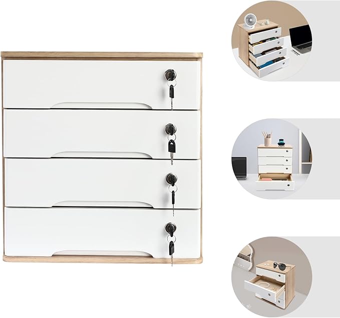 Lockable Desk Organizer Wooden Desktop Drawers Office Flat Files Storage Box Locking Countertop Storage Cabinet (Wood Color + White, 4-Tier)