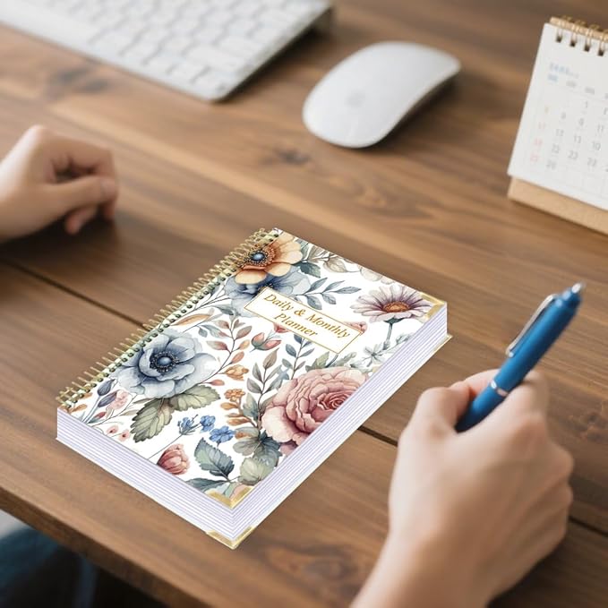 Undated Daily Monthly Planner for 2026 or Anytime - A5 To Do List with Hourly Schedule, Hardcover Spiral Bound Daily Planner to Increase Focus, Stylish School/Office Supplies, 5.8" x 8.5", Flower