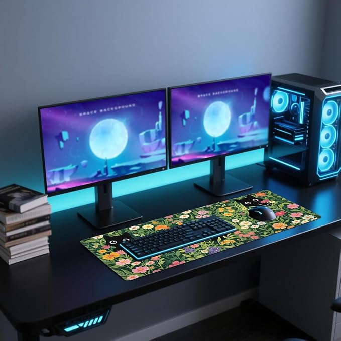 Black Cat Gaming Mouse Pad 35.4 x 15.7 Inches Kawaii Flower Meadow Cute Spring Garden Desk Mat with Non-Slip Rubber Base, Stitched Edges for Gaming,Office