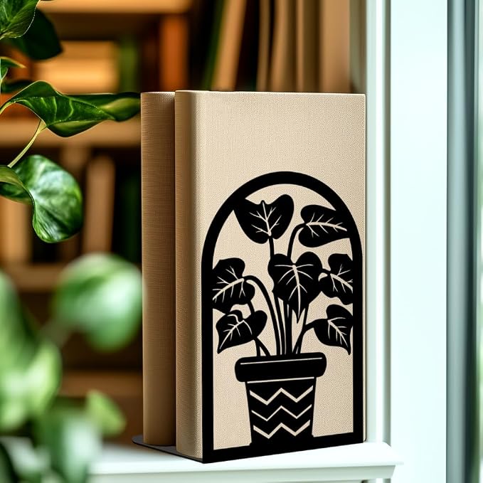 Plant Flowerpot Book Shelf Decorative Bookends for Shelves, Book Ends for Heavy Books, Flowerpot Shelf Metal Bookends for Desk Organizer, Office Library Decor Decorative Books for Home Decor