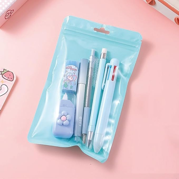 MOZXIRZ 6 Pcs Cute Blue Stationery Set for Women Back to School Supplies Office Supplies Including Gel Ink Pens 6-in-1 Ballpoint Pens Pencil Eraser (Blue)