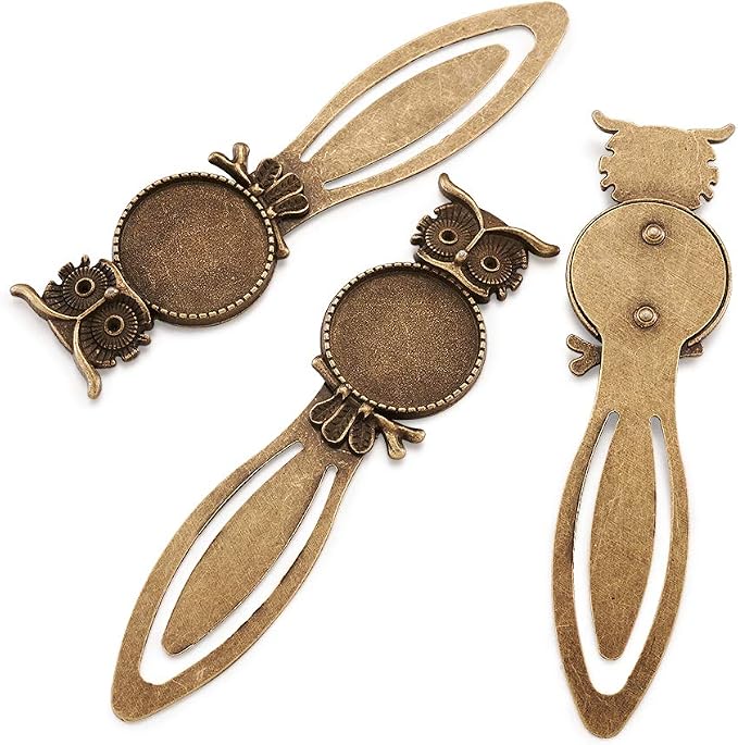 FASHEWELRY 10Pcs Antique Bronze Bookmark Pendant Blank Tray 3/4 inch (20mm) Round Bezel Base Cabochon Setting Charms (Owl)