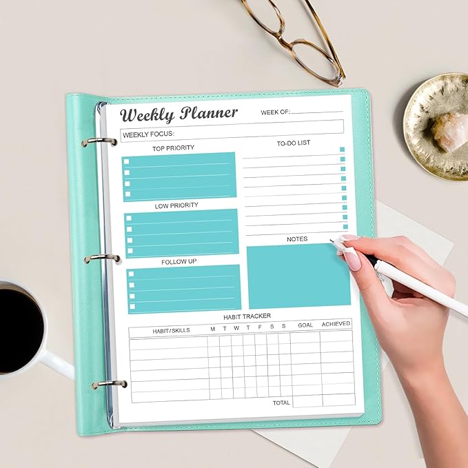 3-Hole Weekly Planner Refills - 53 Sheets/106 Pages Weekly Planner for 3 Ring Binders, 100 gsm White Paper, Lasts 1 Year, Undated, 8.5'' x 11'', Teal