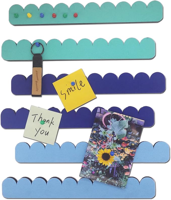 6Pcs Felt Bulletin Board Bar Strip 0.5 Inch Thick Self-Adhesive Pin Board Bar 13 Inch in Length with 35 Pushpins (Wave Shape B)