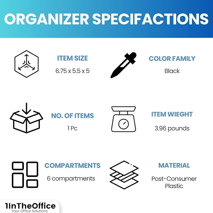 1InTheOffice Office Supplies Desk Organizer, Multifunctional Plastic Desk Storage Organizer,6 Compartments, Black