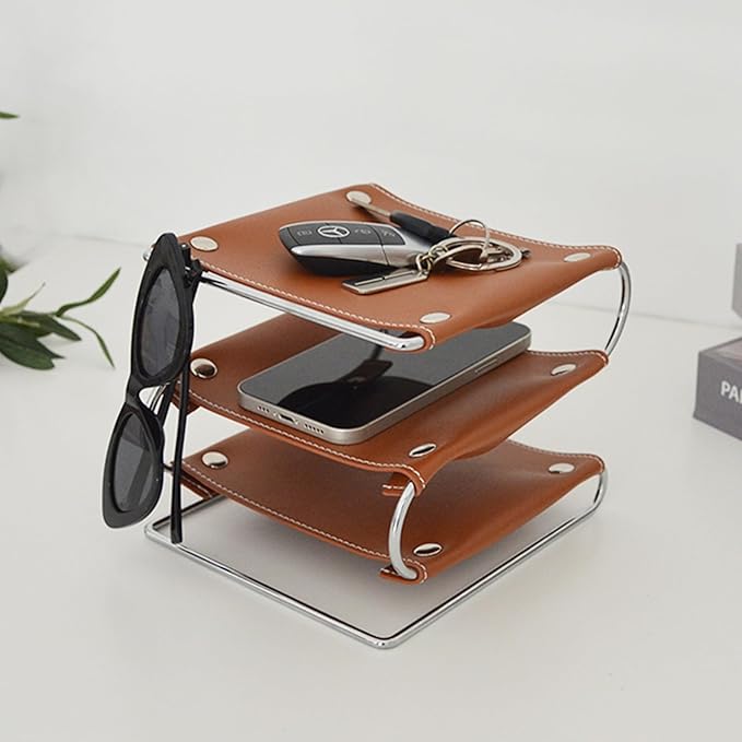 3-Tier Leather Desk Organizer, Classic/Elegant Brown Leather Desk Caddy for Office Supplies, Desktop Cosmetic Tray Organizer Storage Box