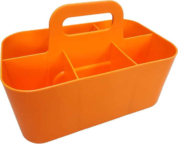 Small Stackable Plastic Caddy with Handle 6 Compartment | Desk, Makeup, Dorm Caddy, Classroom Art Organizers - 4 Pack, Made In USA (Orange)