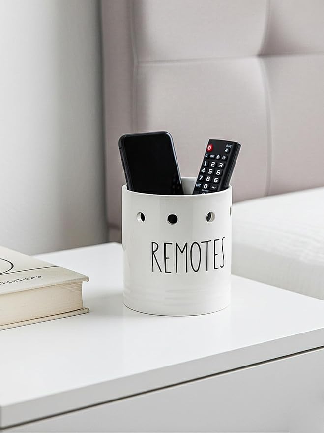 LEETOYI Ceramic Remote Control Holder, 4.9 Inch Remote Caddy Storage, Makeup Brush Holder, Office Supplies, White