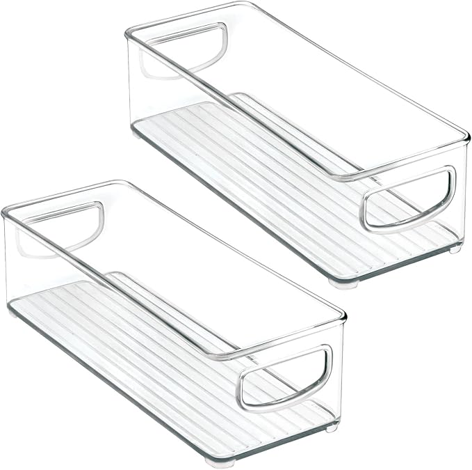 mDesign Small Plastic Office Storage Container Bins with Handles for Organization in Filing Cabinet, Closet Shelf, or Desk Drawers, Organizer for Notes, Pens, Pencils, Ligne Collection, 2 Pack - Clear
