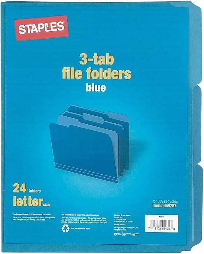Staples Colored File Folders, Letter Size, 3‑Tab Top‑Tab Design, Blue, Durable Paper Stock, 24/Pack