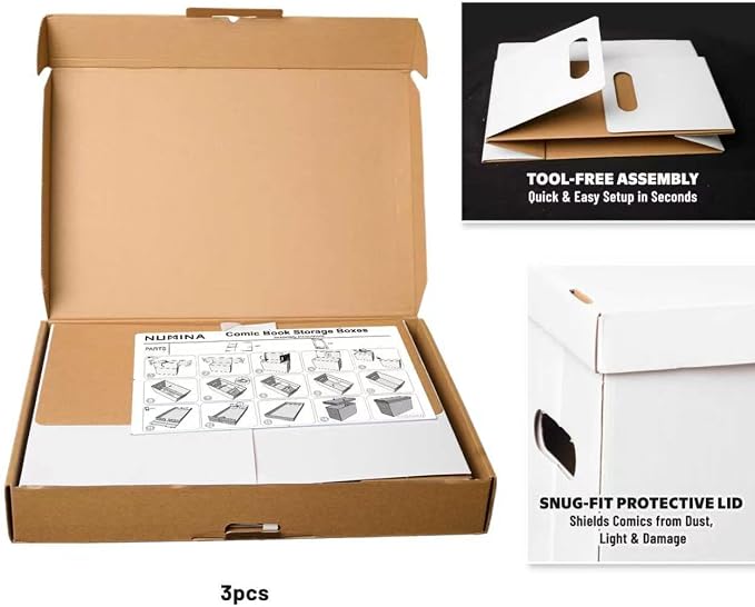 NUMINA Comic Book Boxes – 3 Pack Short Boxes | Fits 150–175 Comics | Comic Book Storage Organizer for Silver & Current Age | Durable Stackable Cardboard Box