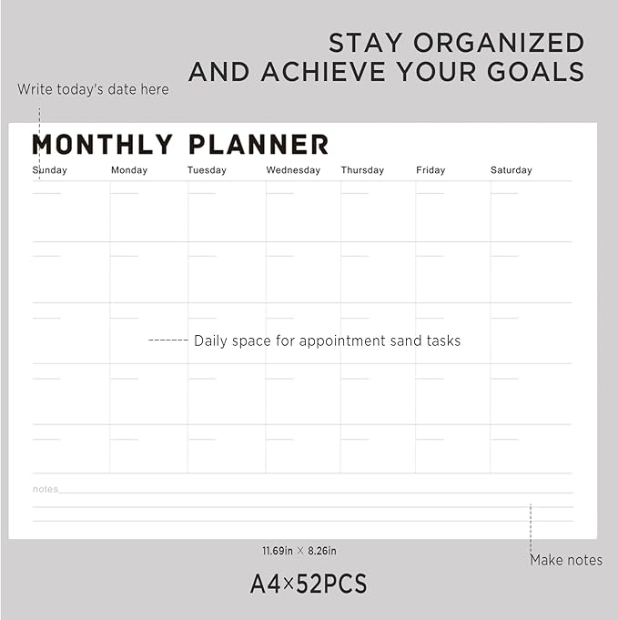 Monthly Planner Notepad - Undated Monthly Planner with 52 Sheets Monthly Calendar Notepad,Desk Planner for calendars, planners & organizers,A4,8" x 11",52 Sheets