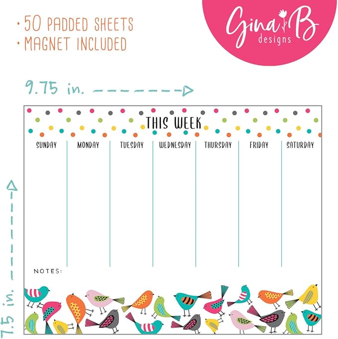 Weekly Calendar Planner Note Pad - Bright Birds with Attachable Magnet