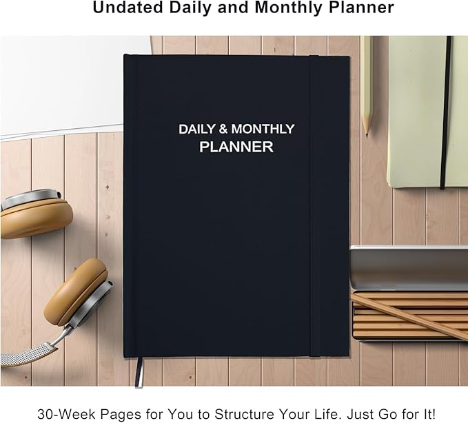 Daily & Monthly Planner for 2026 or Anytime - ADHD Planner Two Pages Per Day, Daily Planner Undated to Increase Focus, Eliminate Overwhelm, Achieve Your Biggest Goals, 8.5'' × 11'', Black