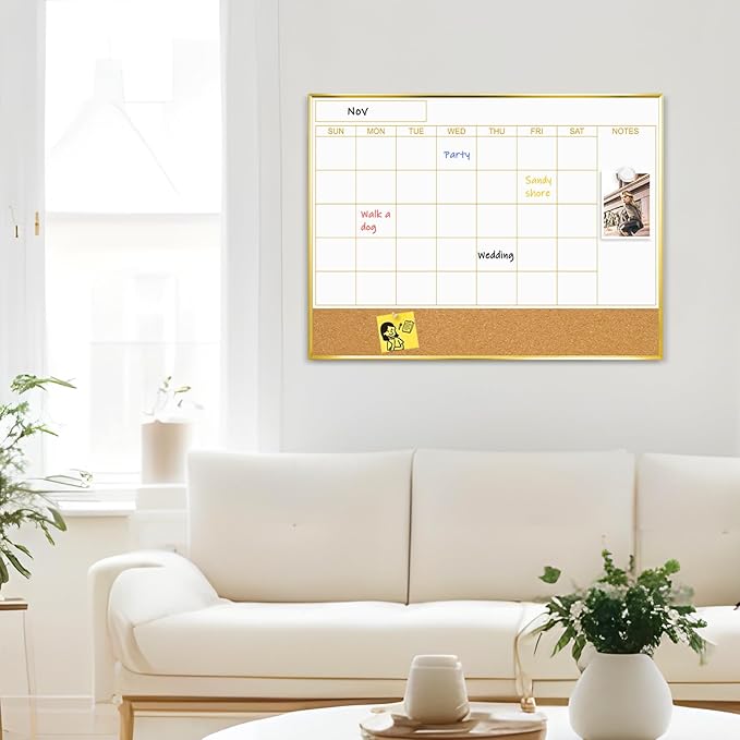 Dry Erase Calendar Whiteboard for Wall, 24'' x 18'' Monthly White Board Planner with Gold Frame and Corkboard, Magnetic Hanging Wipe Board for Home Office School Dorm