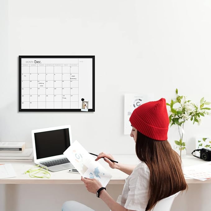TORASO Dry Erase White Board & Monthly Calendar Board, Black Wooden Frame, Small Size Planning Board for Office, School and Home, 12" x 16"
