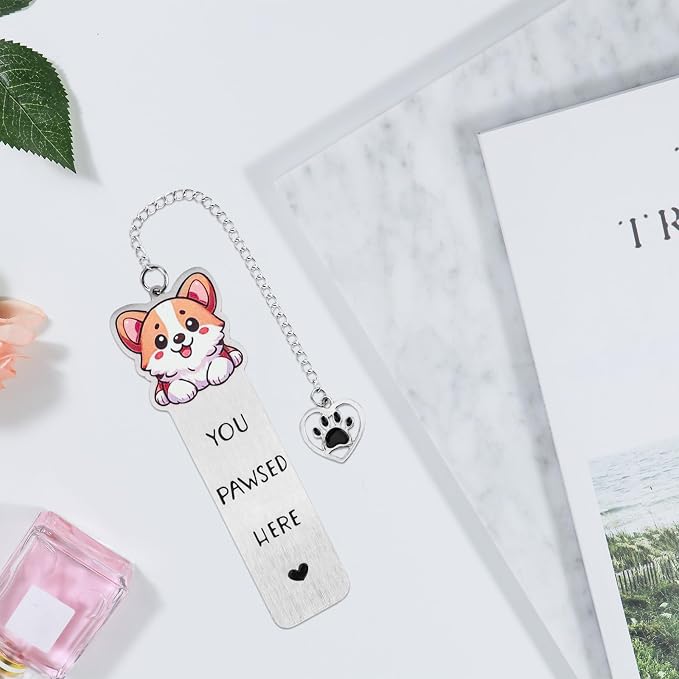 Dog Book Markers, Zinc Alloy You Pawsed Here Bookmark Cute Dog Mom Gifts Funny Reading Accessory for Men Women (Corgi)