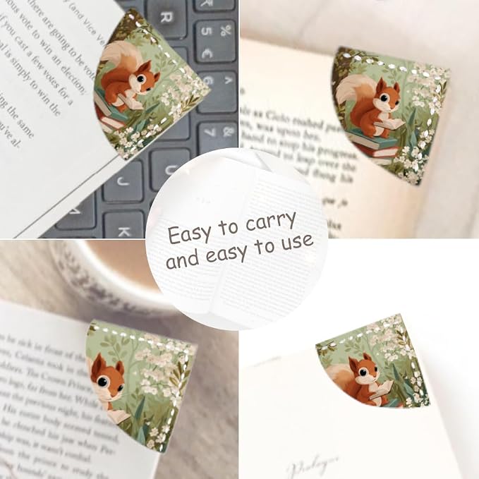 2PCS PU Leather Bookmarks 3.5x3.5 Inch Squirrel Floral Reading Design | PU leather bookmarks with squirrel floral reading design for story books, journals, study notes, young readers and book fans