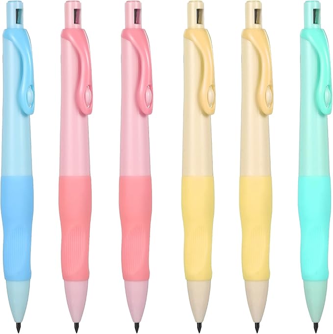 Mechanical Pencils Thick Pencils with Comfort Ergonomic Grip, Aesthetic Supplies with 6 Leads Refills, 2 Pcs Erasers - 6 Pcs Colorful 2.0MM Pencil for Writing & Drawing