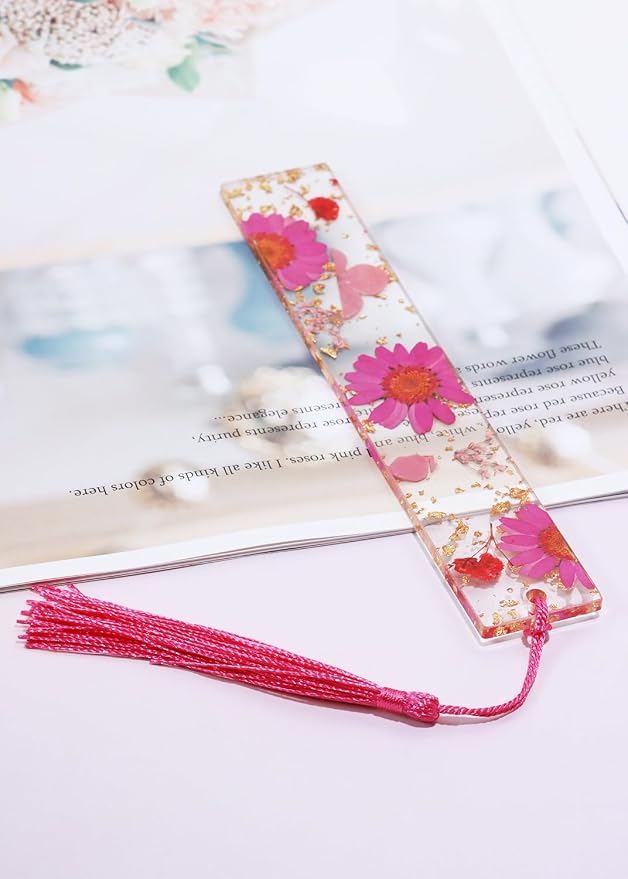 Penta Angel Dried Flower Resin Bookmarks Handmade Clear Pressed Floral Page Markers with Silky Tassel Reading Gift for Women Adults Graduation Valentine’s Day Christmas (Rose Red)