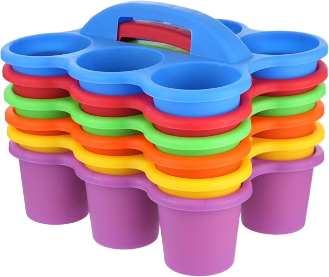 Joyibay 6 Pcs Classroom Caddy Organizer, Desktop Plastic Caddy, Drink Holder with 6-Compartment & Handle, Multifunctional Storage Holder for Crayons, Pencils, Markers & Office Supplies (Multicolor)