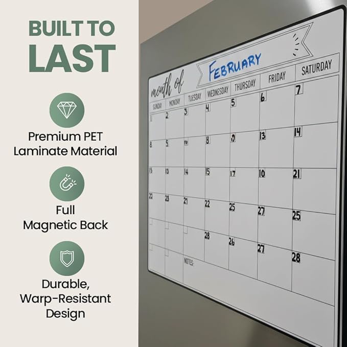 Magnetic Fridge Calendar 15” x 12” – Dry Erase Fridge Calendar with Full-Back Magnet, Monthly Refrigerator Planner Board with Magnetic Pen Holder, 6 Markers & Eraser, Reusable Kitchen Organizer