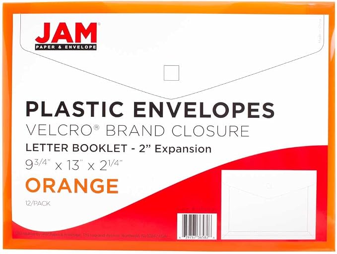 JAM PAPER Plastic Expansion Envelopes with Hook & Loop Closure - Letter Booklet - 9 3/4 x 13 with 2 Inch Expansion - Orange - 12/Pack