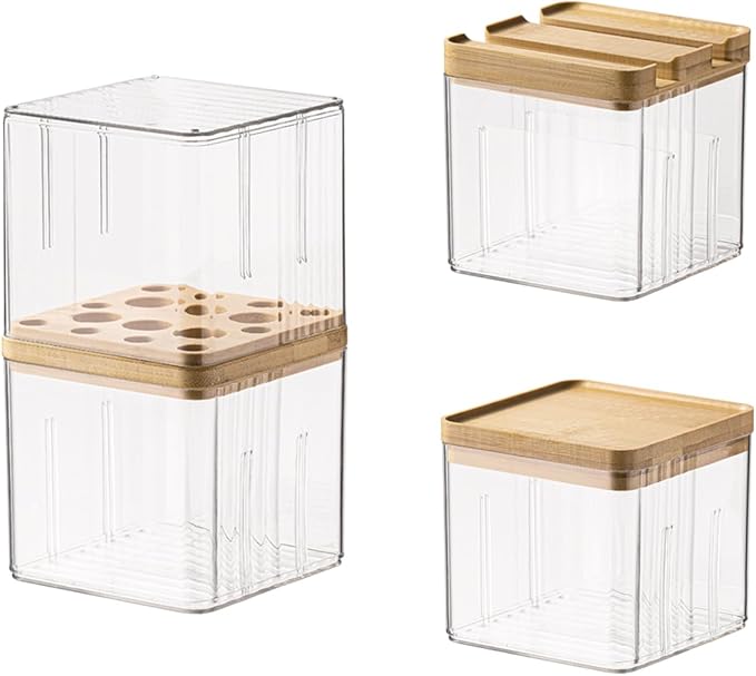 3-Pack Clear Desk Organizer Set with Lid - Stackable Pen Holder, Sticky Note, Paper Clip Storage, Office Desk Accessories for Pencils, Chargers, Cables, Art Supplies