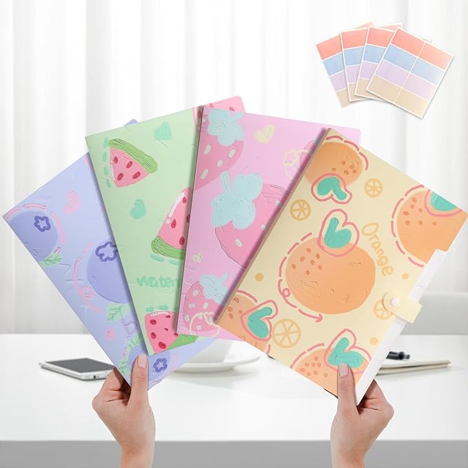 Cute File Folders, Expanding File Folders with 32 Labels, 5 Pocket File Organizer, Accordion File Organizer Letter Size for School, Office and Home - Summer Fruits Style Set of 4