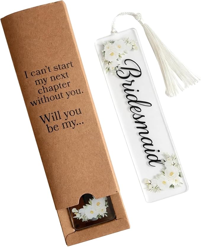 Gift for Bridesmaid Proposal Acrylic Floral Bookmark with Box, Will You Be My Bridesmaid Bridal Party Gift, 13x2 Inches (Bridesmaid) (Bridesmaid)