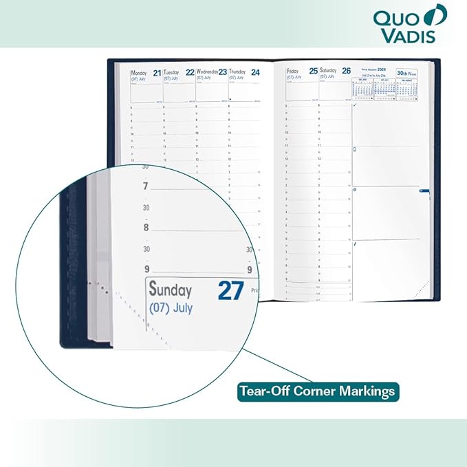 Quo Vadis 2026 Minister - Weekly/Monthly Planner - 12 Months, Jan. to Dec. - 6 1/4 x 9 3/8" - Grained Faux Leather Kali Blue Cover- Time Management Appointment Organizer
