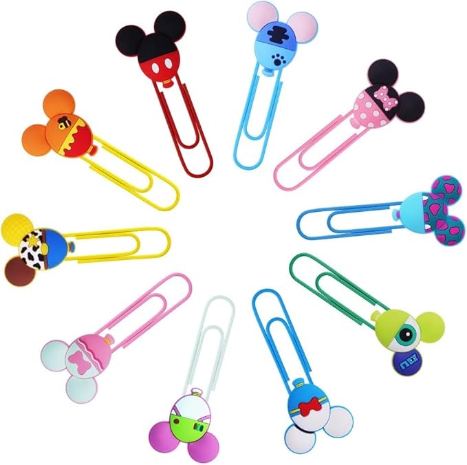AUAUY 5PCS Cartoon Ballpoint Pens/10PCS Cute Mouse Paper Clips, Cute Mouse Head Character Ears Pens, Retractable Ballpoint Pen/Book File Page Marker Clips for Teacher & Students, Office Supplies Gifts
