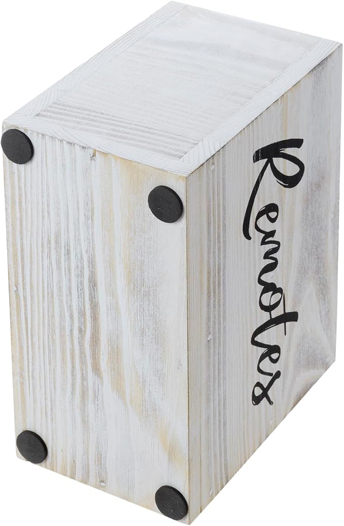 MyGift TV Remote Control Holder Organizer, Wood DVD Remote Caddy Storage for Table, 2 Large Compartment, Shabby Whitewashed Solid Wood with Black Cursive Remotes Label