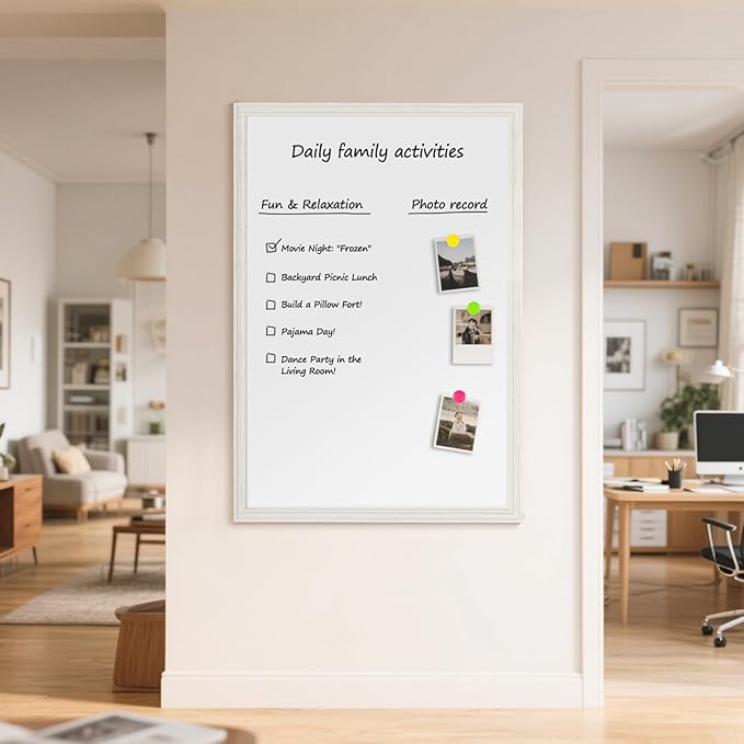 Large White Board for Wall, 46.5''x34.7'' Magnetic Dry Erase Board, 4'x3' Decorative Whiteboard with White Vintage Wooden Frame, Hanging Writing Board for Home Office School Classroom