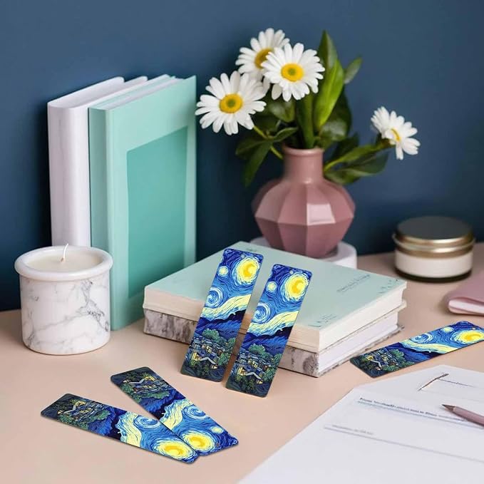 Starry Sky Bookmarks Set 5 with Tassels Blue Mysterious Painting Wooden Bookmarks for Reading Women Men Students Teachers School Supplies