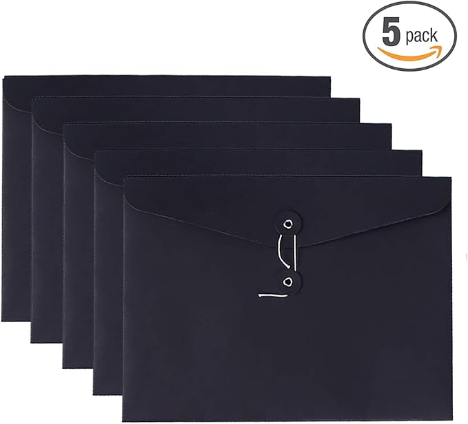 VANRA Kraft String Envelope File Folder Project Pockets File Jacket Document Organizer Flat-No Expansion A4 Letter Size (Black, Pack of 5)