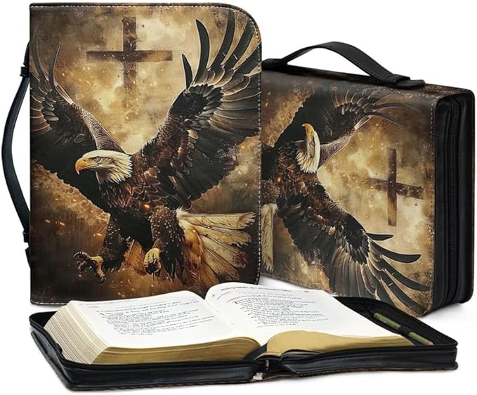 Bible Case with Handle and Zipper, Premium PU Leather Waterproof Bible Cover 11.2 x 8 x 2.2 Inches, Book Case for Standard Size Bibles with Pen Storage, Bible Accessories Gifts (Eagle)