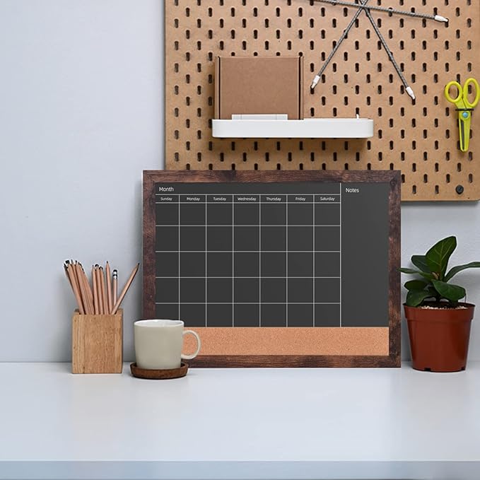 Magnetic Chalkboard Calendar Corkboard, 13" x 17" Small Combination Chalk Board Bulletin Board, Walnut Brown Framed Blackboard Calendar Cork Combo Board(BN-3343