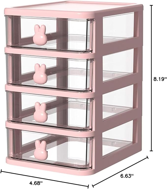 ZJchao Plastic Drawers Organizer Plastic Storage Drawer Desk Drawer Organizer Multi Tier Large Capacity Transparent with Bunny Handle for Office Supplies Books Pens (Pink)